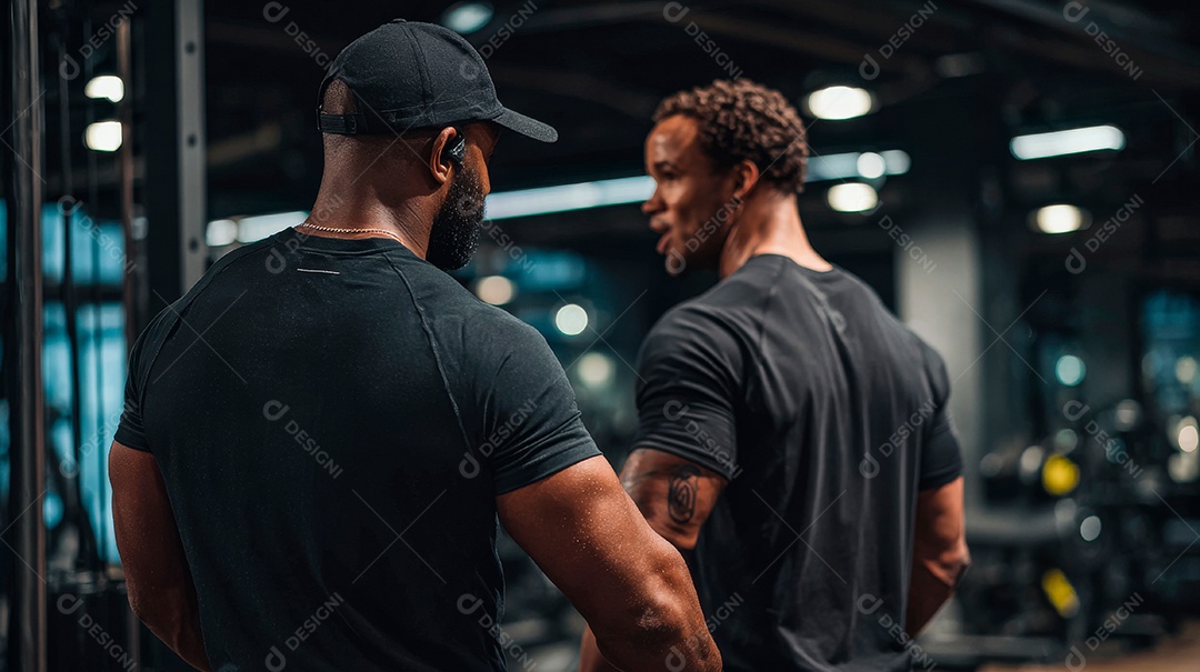 Retrato realista de homens fazendo exercício físico em uma academia.