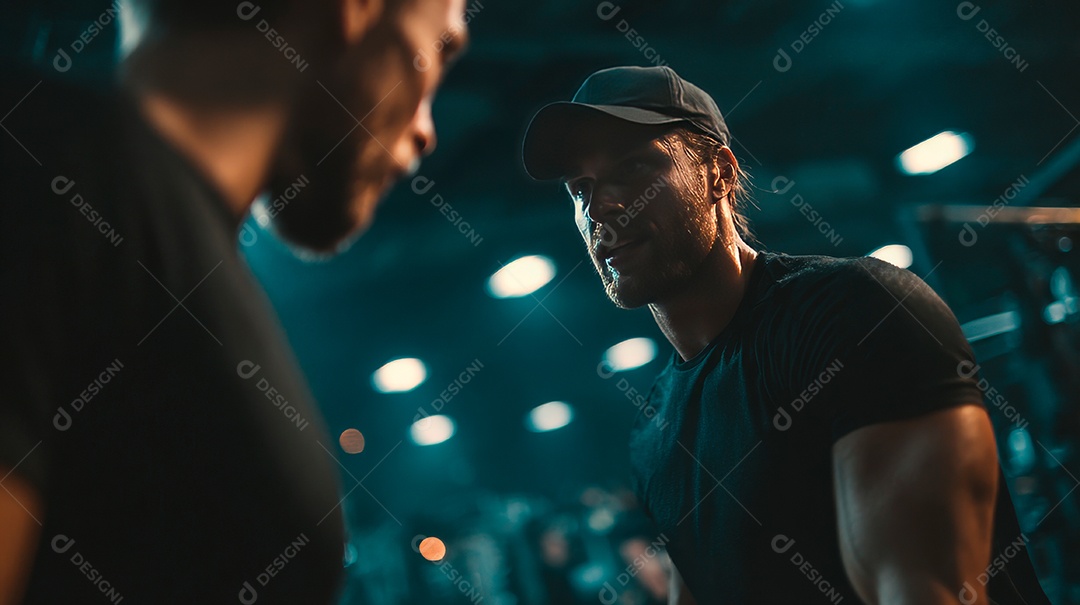 Retrato realista de homens fazendo exercício físico em uma academia.