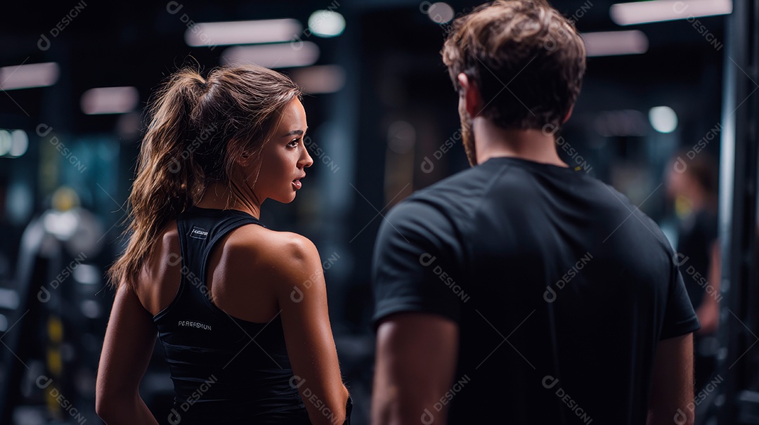 Retrato realista de homem e mulher fazendo exercício físico em uma academia.