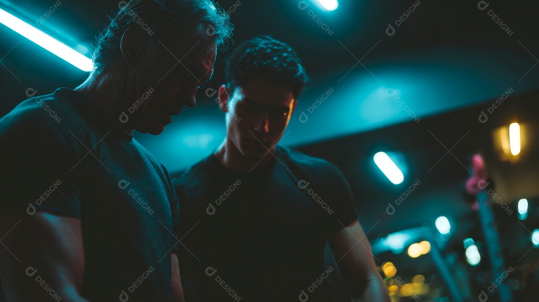 Retrato realista de homens fazendo exercício físico em uma academia.