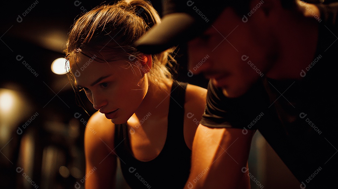Retrato realista de homem e mulher fazendo exercício físico em uma academia.