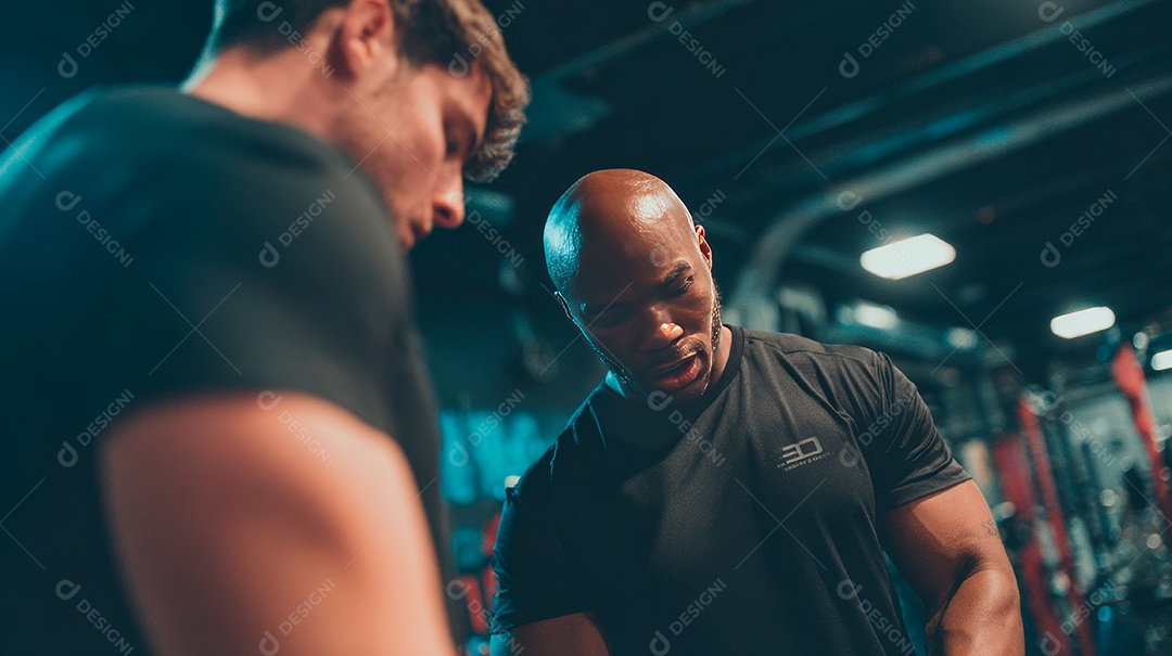 Retrato realista de homens fazendo exercício físico em uma academia.