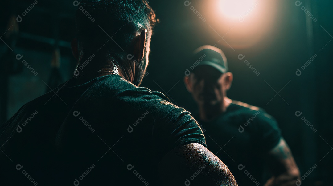 Retrato realista de homens fazendo exercício físico em uma academia.