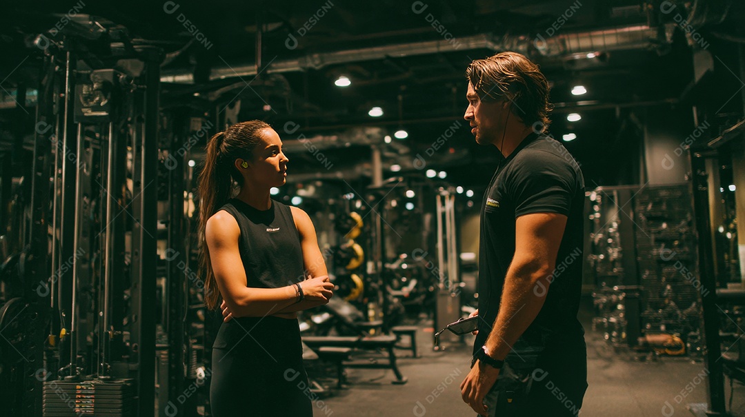 Retrato realista de homem e mulher fazendo exercício físico em uma academia.