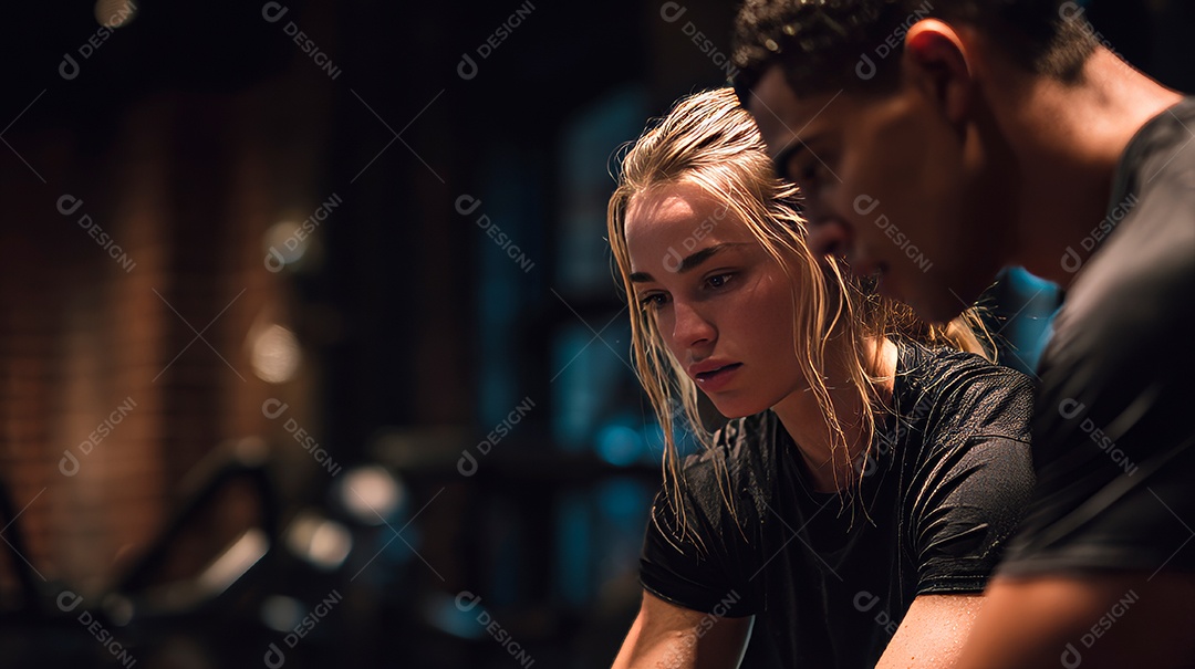 Retrato realista de homem e mulher fazendo exercício físico em uma academia.