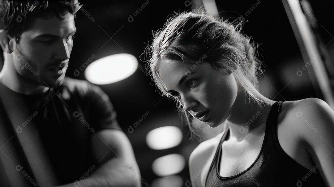 Retrato realista de homem e mulher fazendo exercício físico em uma academia.