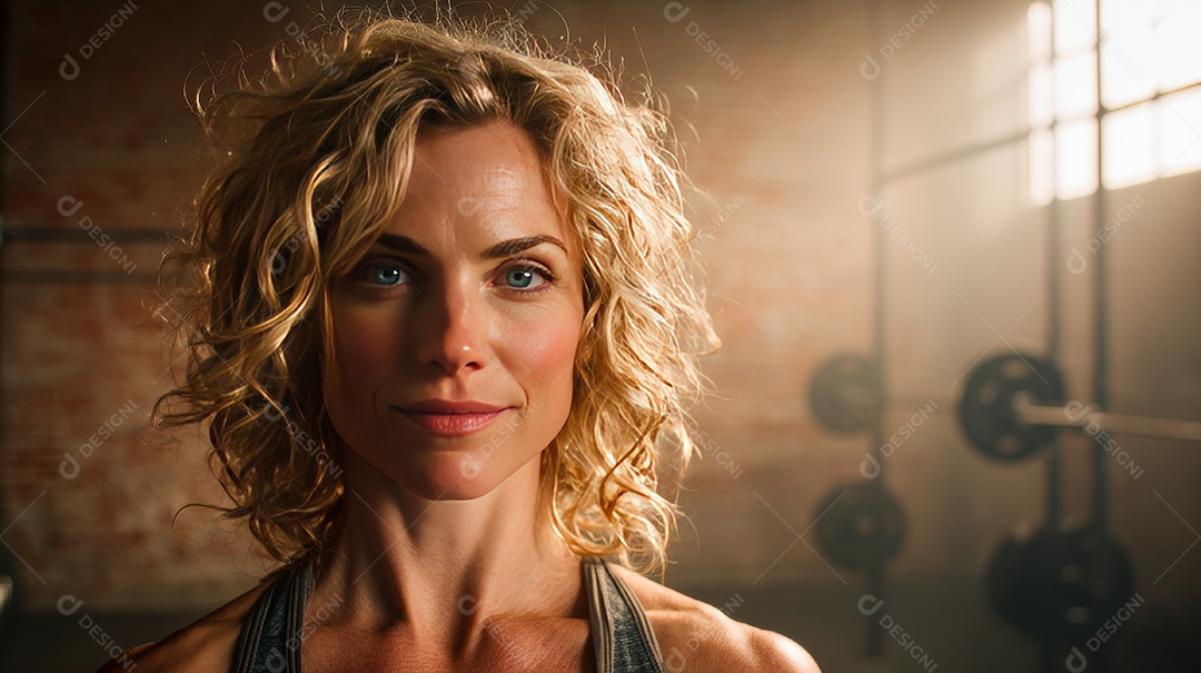 Retrato realista de mulher fazendo exercício físico em uma academia.