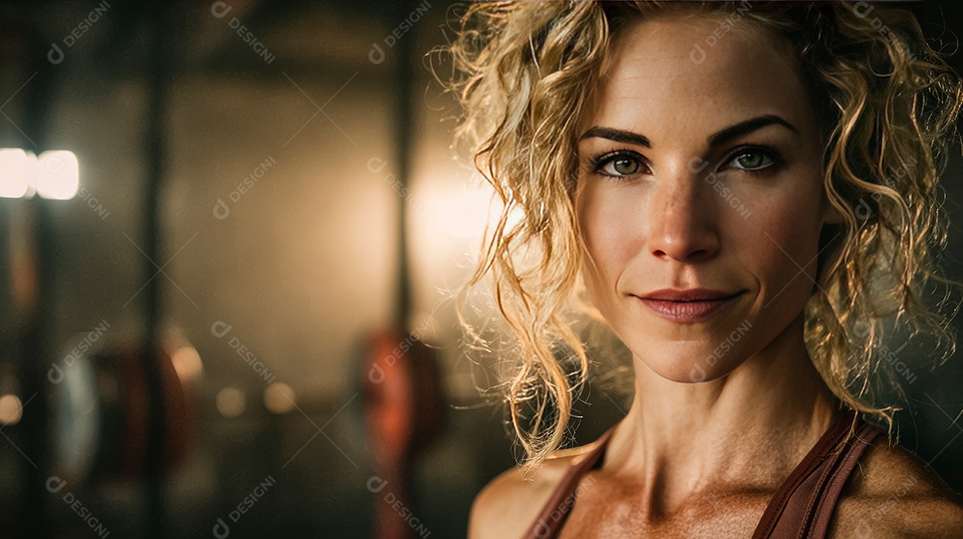 Retrato realista de mulher fazendo exercício físico em uma academia.