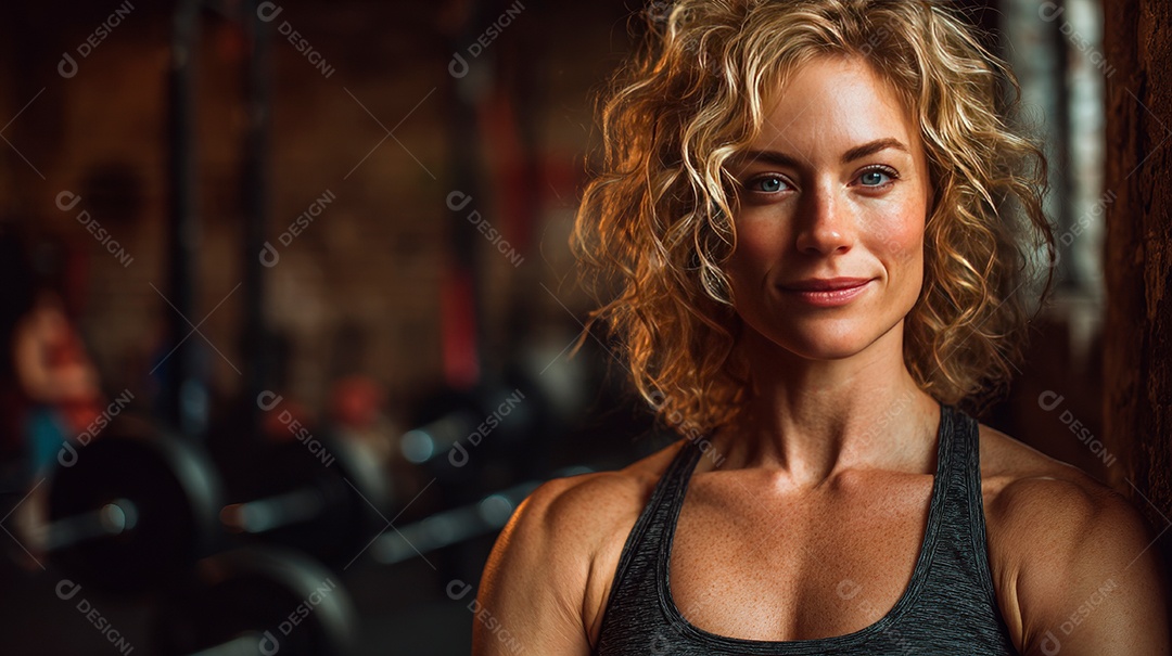 Retrato realista de mulher fazendo exercício físico em uma academia.