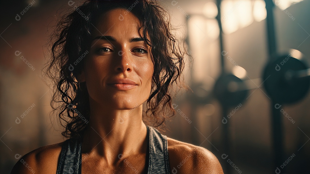 Retrato realista de mulher fazendo exercício físico em uma academia.