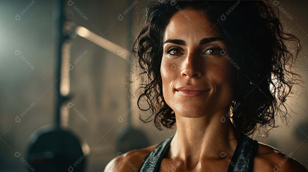 Retrato realista de mulher fazendo exercício físico em uma academia.