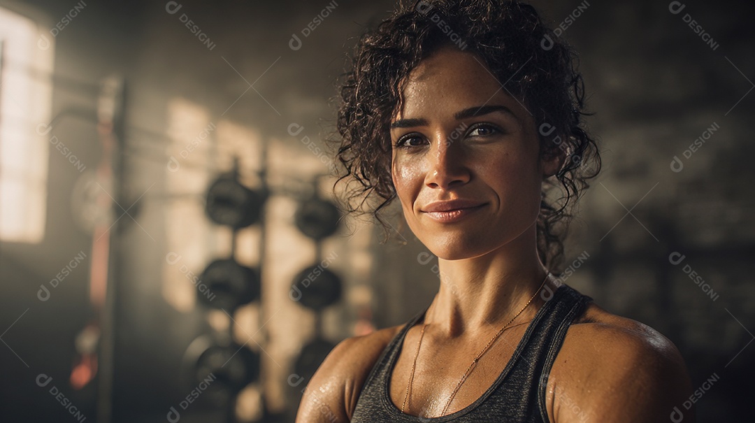 Retrato realista de mulher fazendo exercício físico em uma academia.