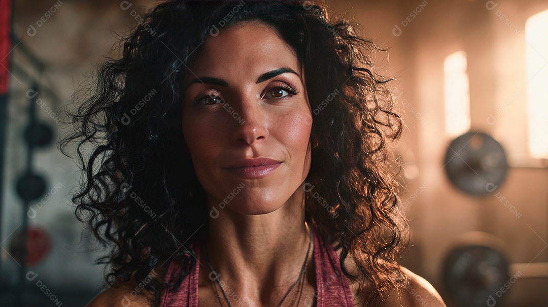Retrato realista de mulher fazendo exercício físico em uma academia.