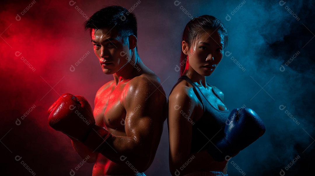 Retrato realista de homem e mulher fazendo exercício físico e praticando boxe.