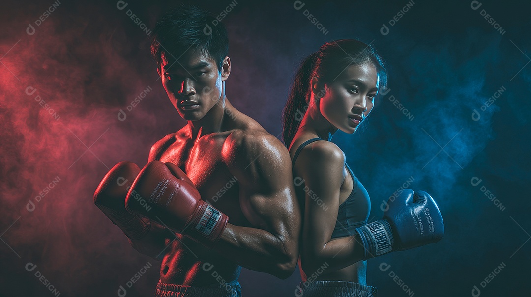 Retrato realista de homem e mulher fazendo exercício físico e praticando boxe.