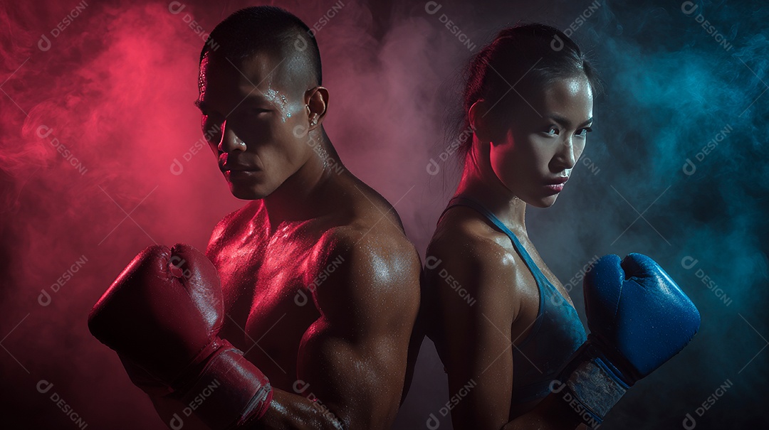 Retrato realista de homem e mulher fazendo exercício físico e praticando boxe.