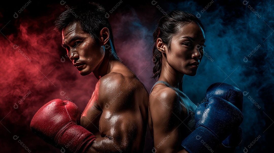 Retrato realista de homem e mulher fazendo exercício físico e praticando boxe.
