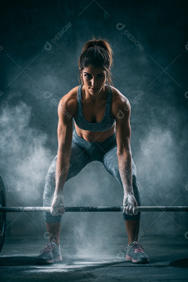 Retrato realista de mulher fazendo exercício físico em uma academia.
