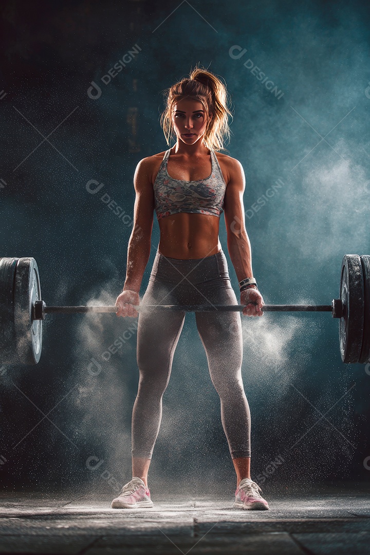 Retrato realista de mulher fazendo exercício físico em uma academia.