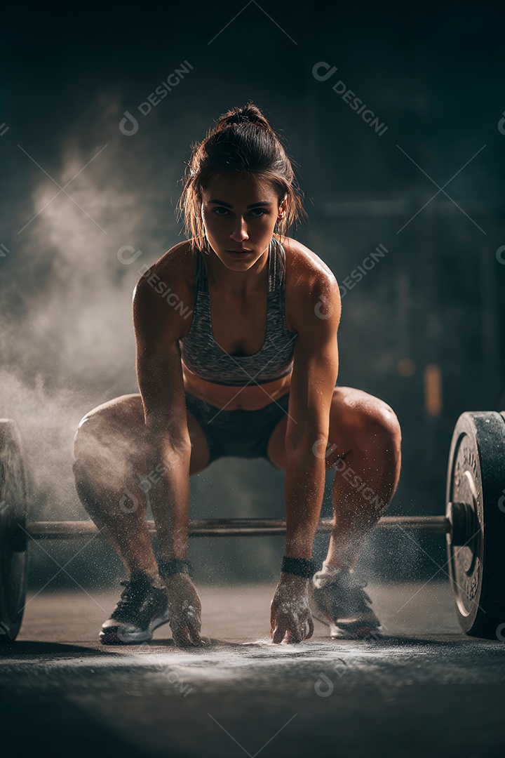 Retrato realista de mulher fazendo exercício físico em uma academia.
