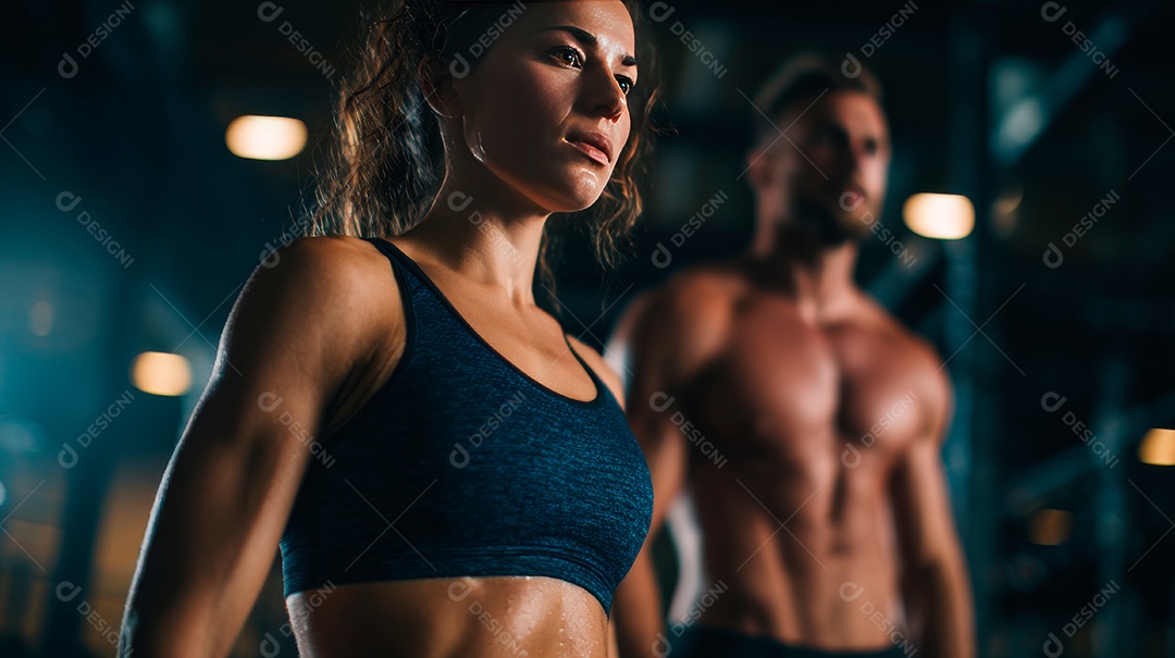 Retrato realista de homem e mulher fazendo exercício físico em uma academia.