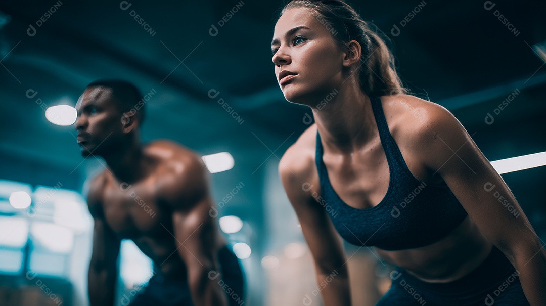 Retrato realista de homem e mulher fazendo exercício físico em uma academia.
