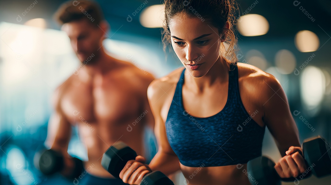 Retrato realista de homem e mulher fazendo exercício físico em uma academia.