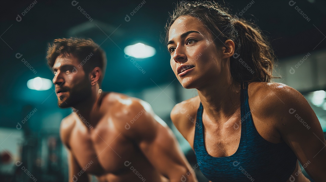 Retrato realista de homem e mulher fazendo exercício físico em uma academia.