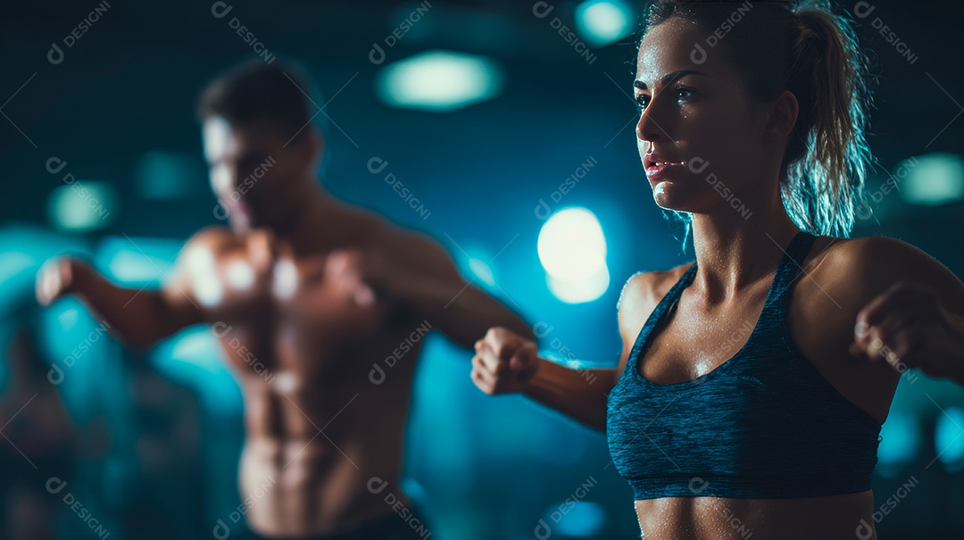 Retrato realista de homem e mulher fazendo exercício físico em uma academia.
