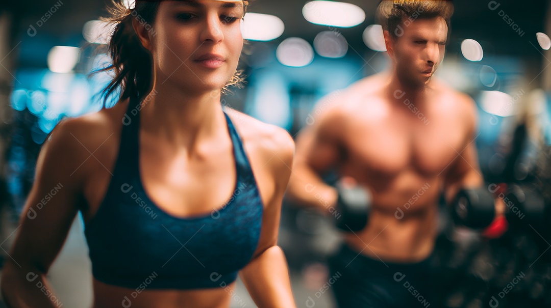Retrato realista de homem e mulher fazendo exercício físico em uma academia.