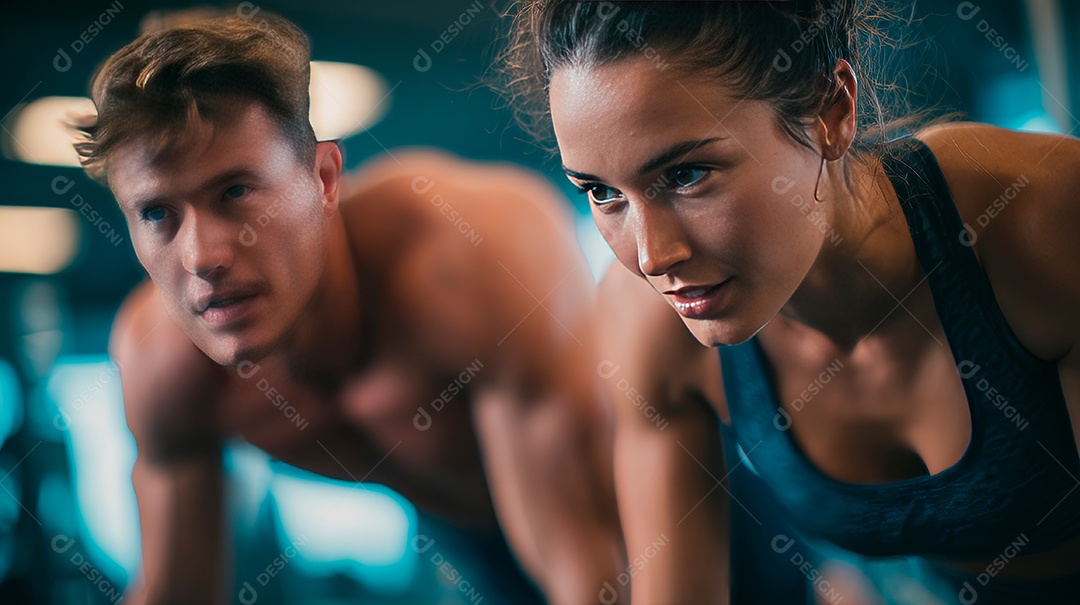 Retrato realista de homem e mulher fazendo exercício físico em uma academia.