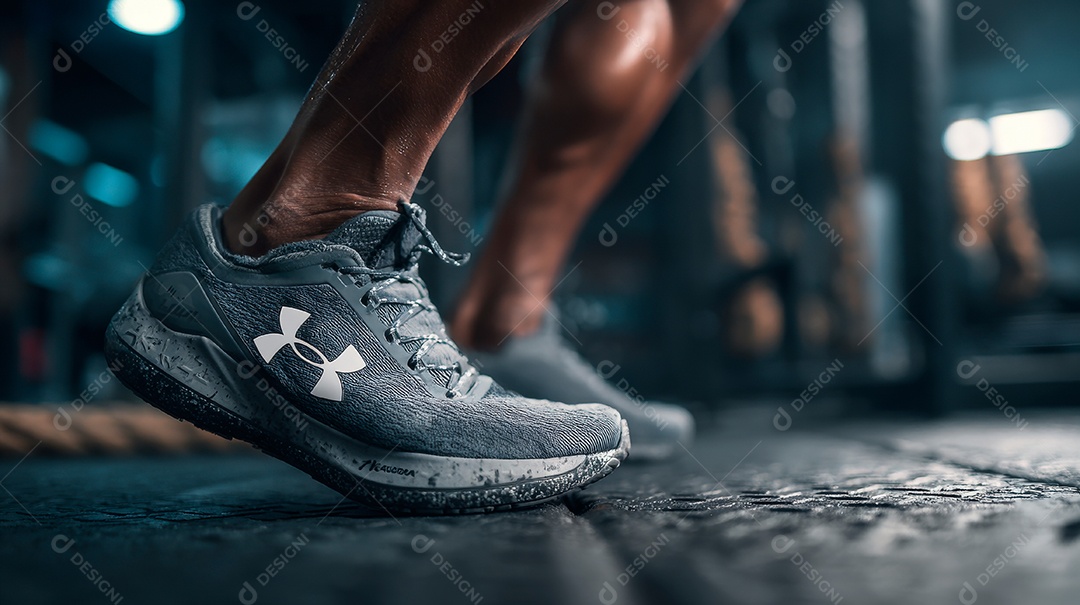 Pés de pessoa usando tênis esportivo em uma academia.