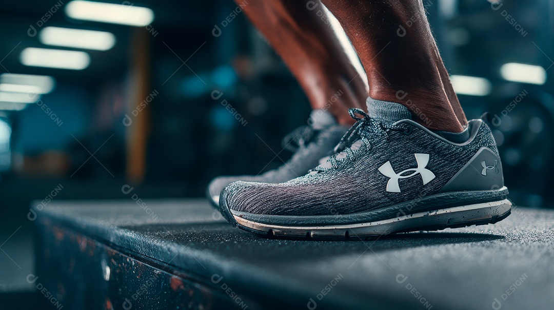 Pés de pessoa usando tênis esportivo em uma academia.