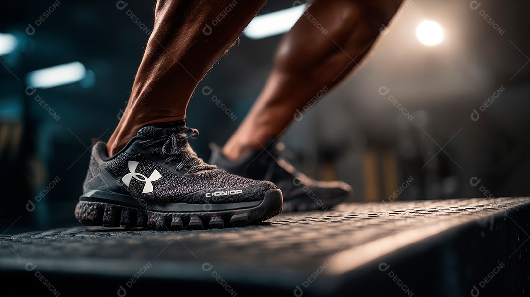 Pés de pessoa usando tênis esportivo em uma academia.