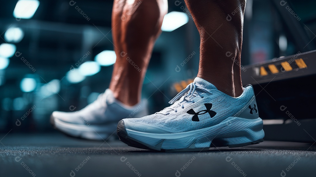 Pés de pessoa usando tênis esportivo em uma academia.