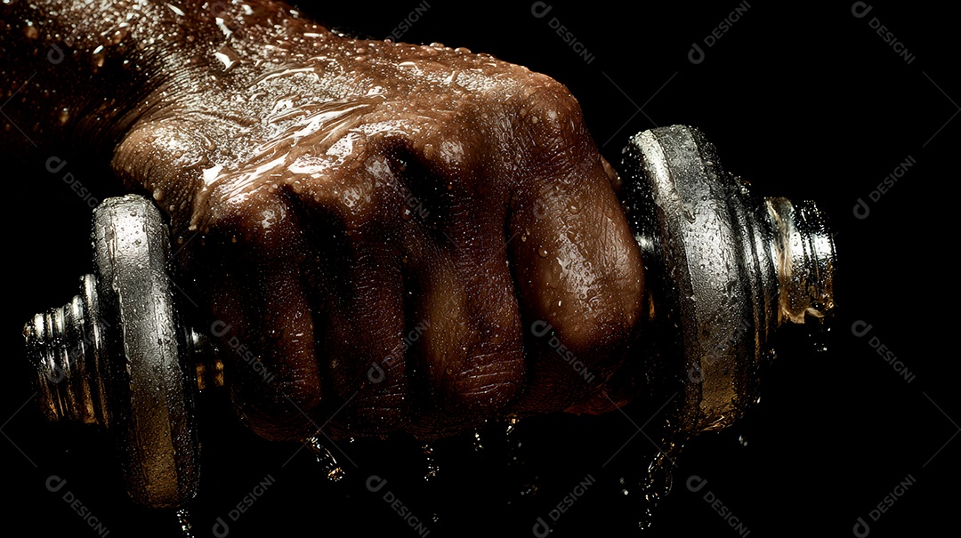 Close up de uma mão forte segurando uma halter.