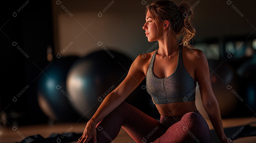 Retrato realista de mulher fazendo exercício físico em uma academia.