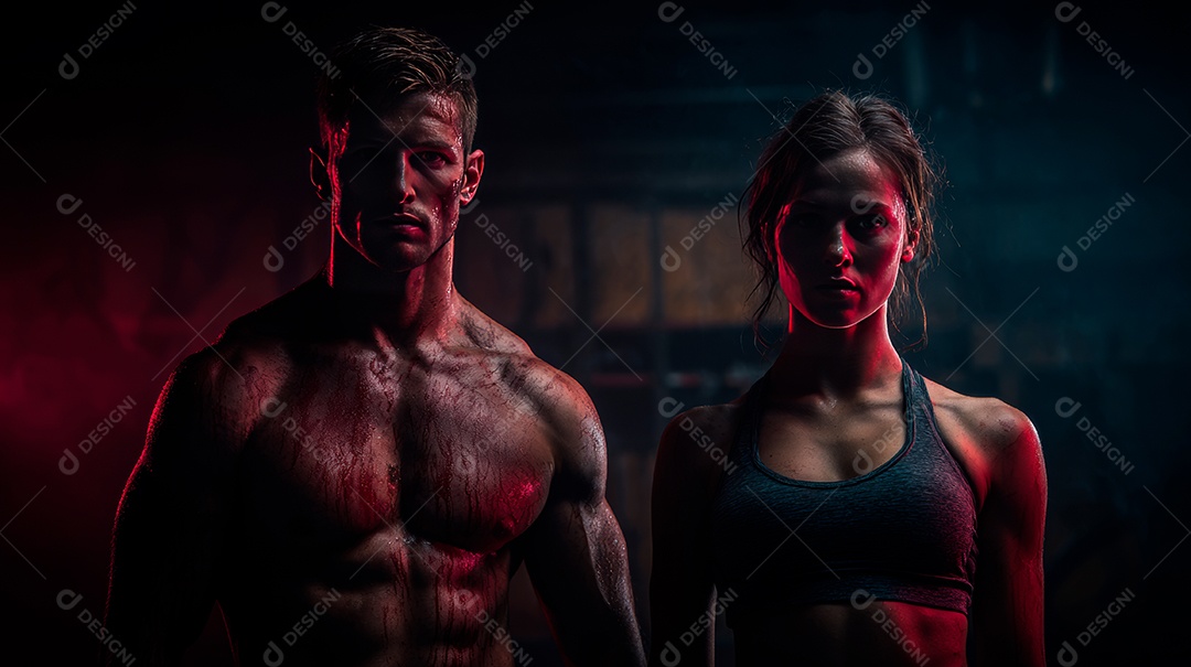 Retrato realista de homem e mulher fazendo exercício físico em uma academia.