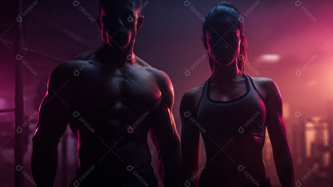 Retrato realista de homem e mulher fazendo exercício físico em uma academia.