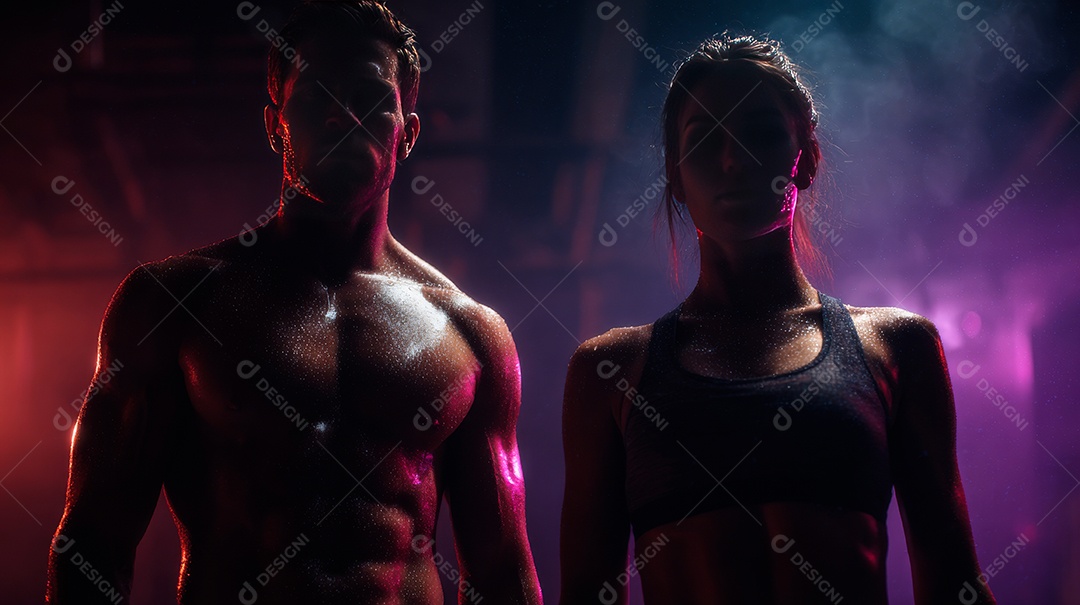 Retrato realista de homem e mulher fazendo exercício físico em uma academia.