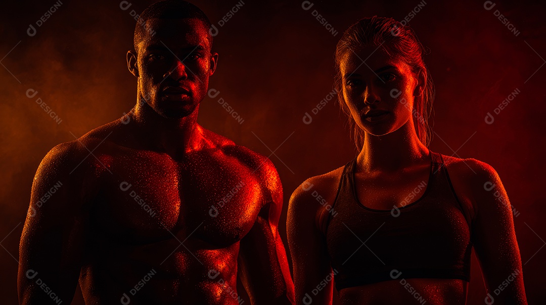 Retrato realista de homem e mulher fazendo exercício físico em uma academia.