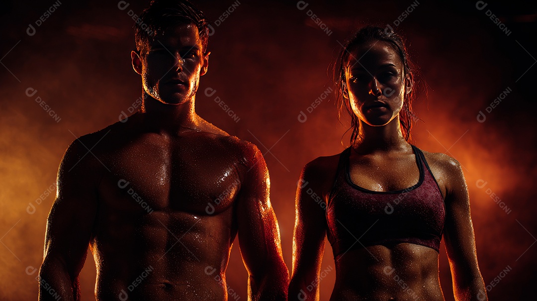 Retrato realista de homem e mulher fazendo exercício físico em uma academia.