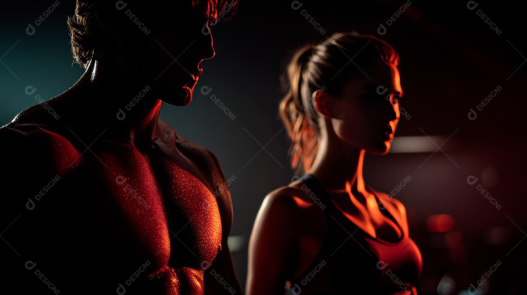 Retrato realista de homem e mulher fazendo exercício físico em uma academia.