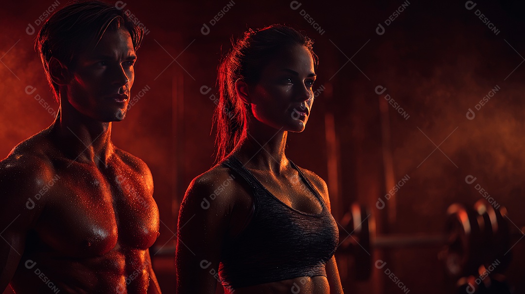 Retrato realista de homem e mulher fazendo exercício físico em uma academia.