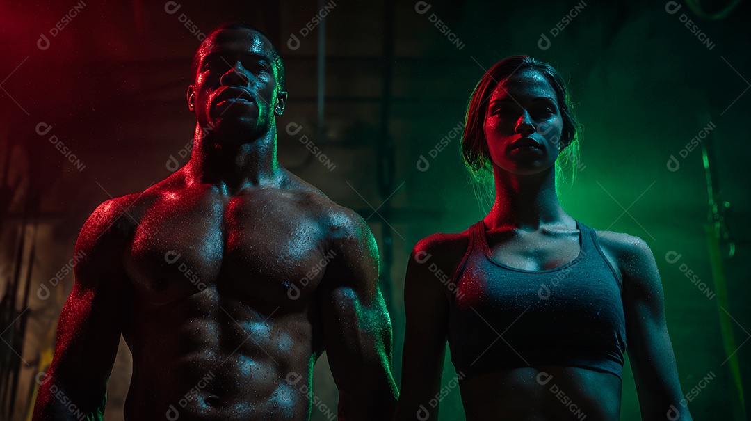 Retrato realista de homem e mulher fazendo exercício físico em uma academia.