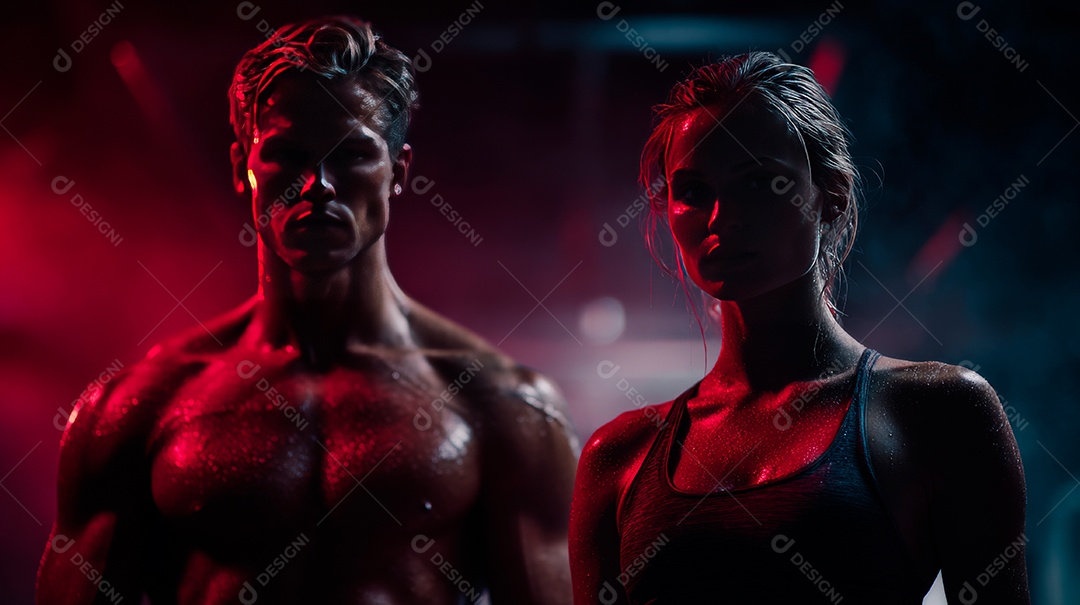 Retrato realista de homem e mulher fazendo exercício físico em uma academia.