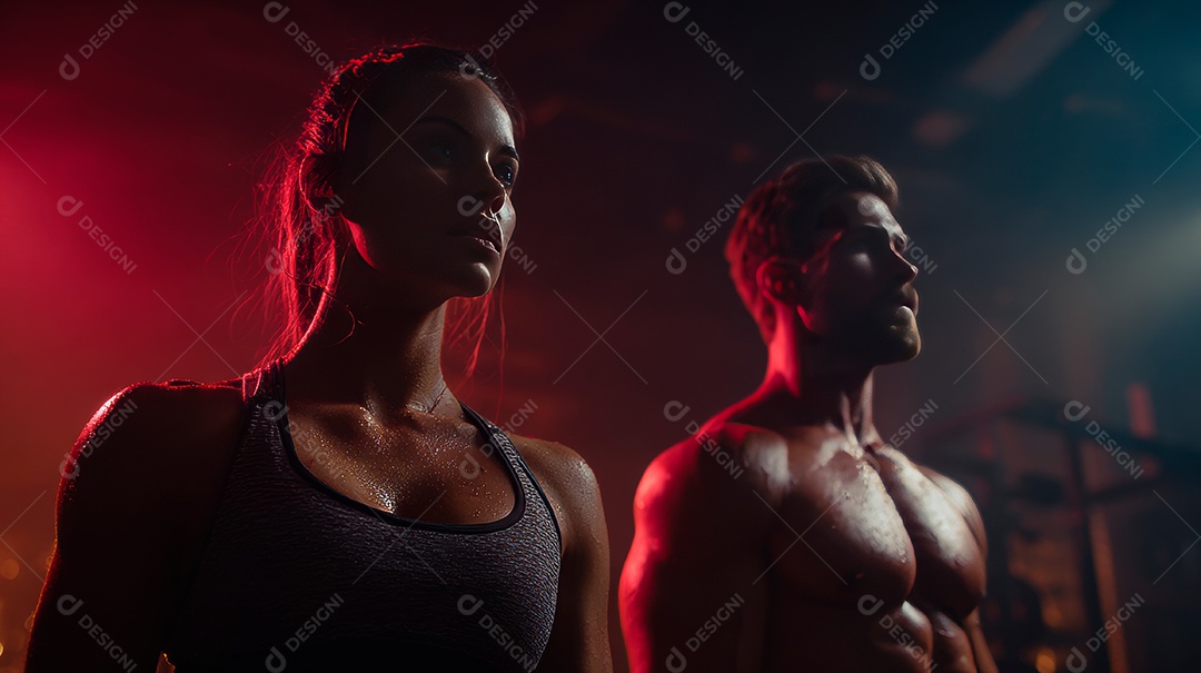 Retrato realista de homem e mulher fazendo exercício físico em uma academia.