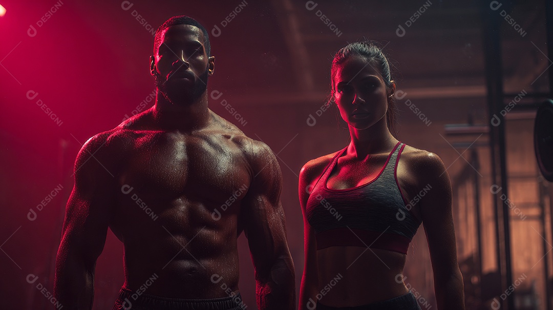 Retrato realista de homem e mulher fazendo exercício físico em uma academia.