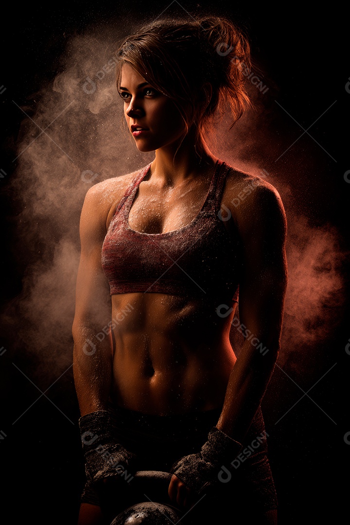 Retrato realista de mulher fazendo exercício físico em uma academia.