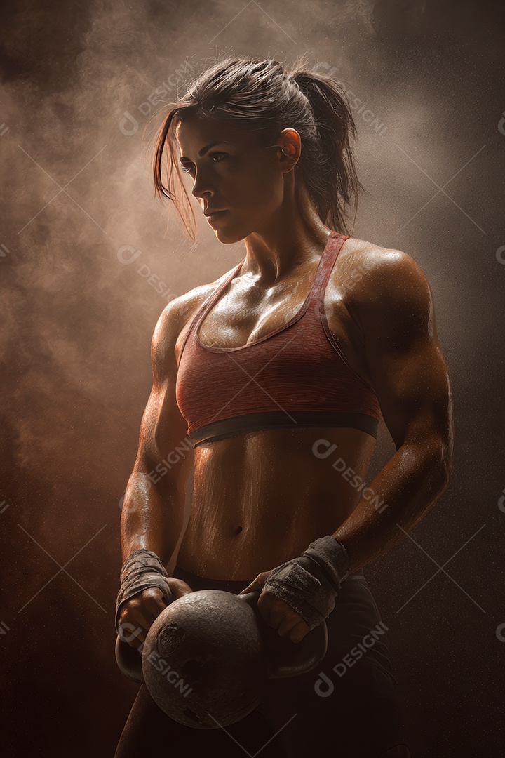 Retrato realista de mulher fazendo exercício físico em uma academia.